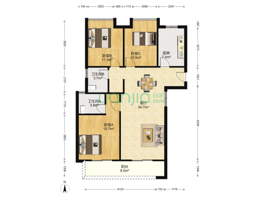 绿地美湖二期 3室1厅2卫 117平方