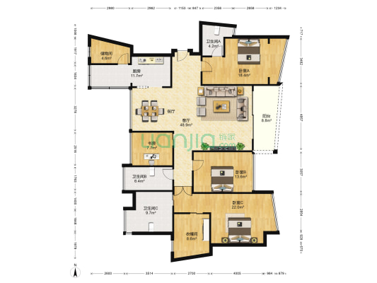 凤凰海域 4室1厅3卫 196平方