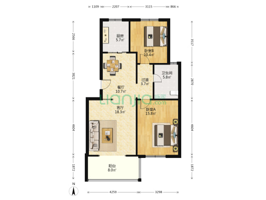 中美公寓 2室2厅1卫 96平方