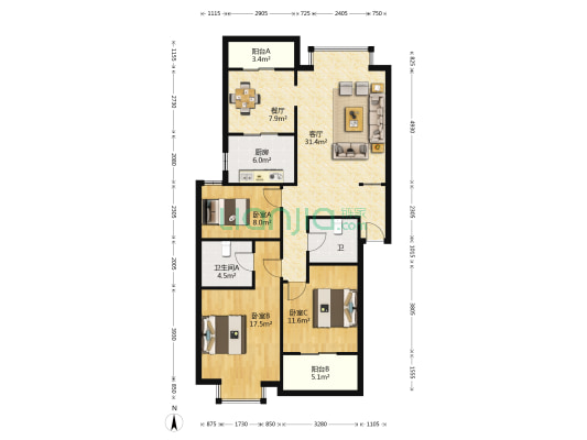 天江苑 3室2厅2卫 117平方
