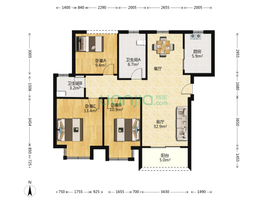 彩虹城 3室1厅2卫 108平方