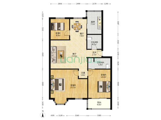 近江家园一园 3室2厅2卫 122平方
