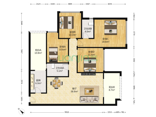 万锦城 4室1厅2卫 115平方