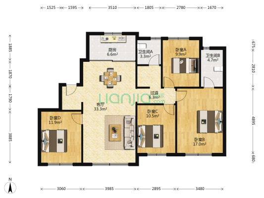 万科翡翠滨江 4室1厅2卫 148平方