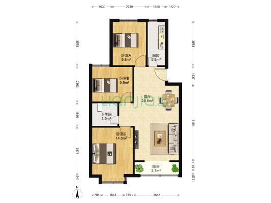 天海博雅盛世 3室1厅1卫 105平方