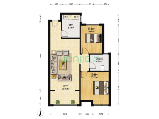 万达华府 2室1厅1卫 95平方
