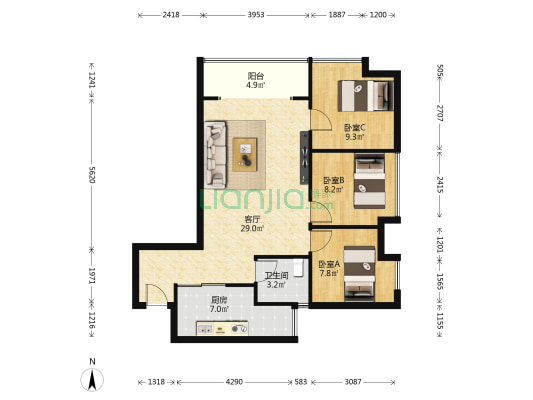 龙船石公寓 3室1厅1卫 95平方