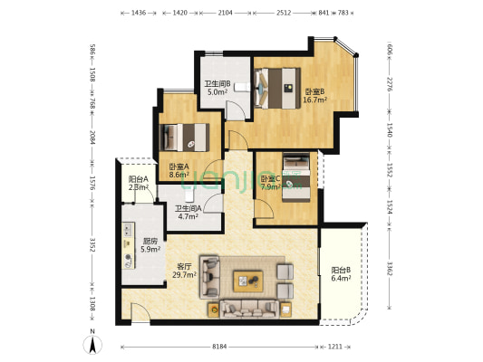 碧桂园翡翠城 3室1厅2卫 98平方