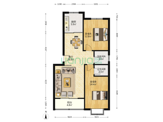 北城水岸花苑 2室1厅2卫 93平方