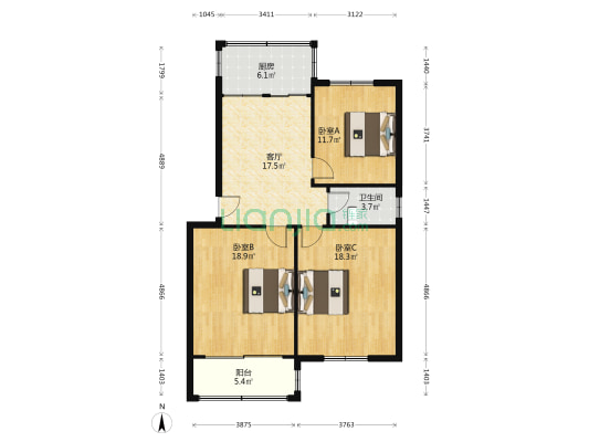 北中心街2号 3室1厅1卫 93平方