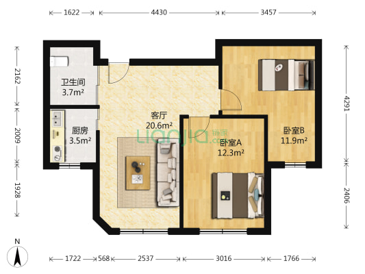 中天北湾新城二期 2室1厅1卫 72平方