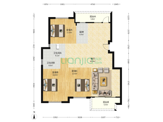 河滨花苑 3室1厅2卫 125平方