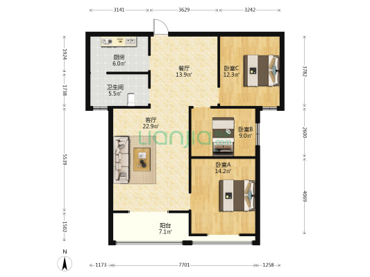 中央花园 3室2厅1卫 113平方