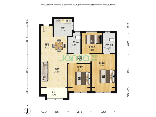 盛世康园 3室2厅2卫 107平方