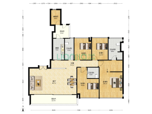 时代江岸花园 4室1厅3卫 216平方