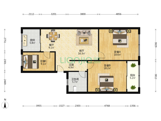 东方路 3室2厅1卫 116平方