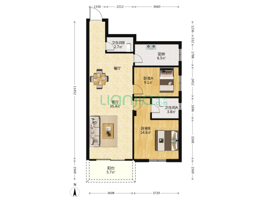 福国花园 2室1厅2卫 87平方