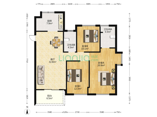 岳家湖世纪城六区 3室1厅2卫 117平方