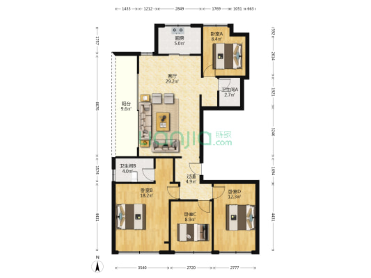 花语天境府 4室1厅2卫 129平方