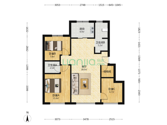 远洋寛阅时光 3室1厅2卫 91平方