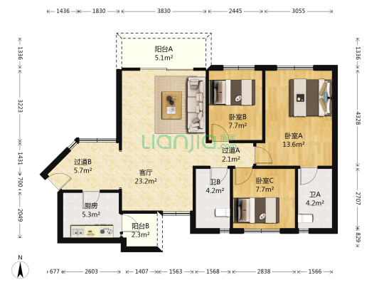 民主三村 3室1厅2卫 117平方