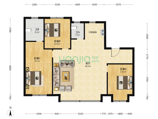 国文世家 3室1厅2卫 143平方