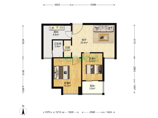 锦艺国际华都欧尚 2室1厅1卫 75平方