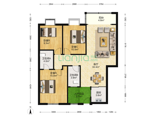 楚天中苑 3室1厅2卫 117平方