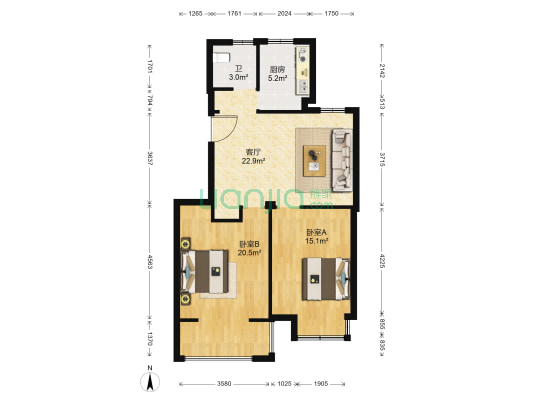 桑梓苑西区 2室1厅1卫 80平方