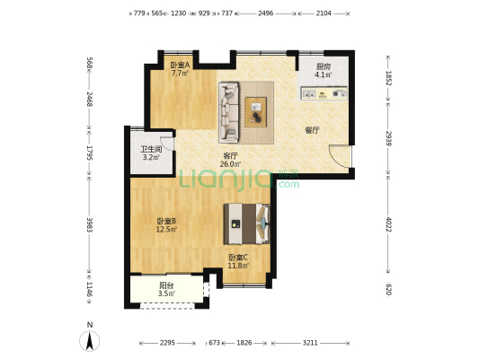 霞镜新城八区 3室1厅1卫 90平方