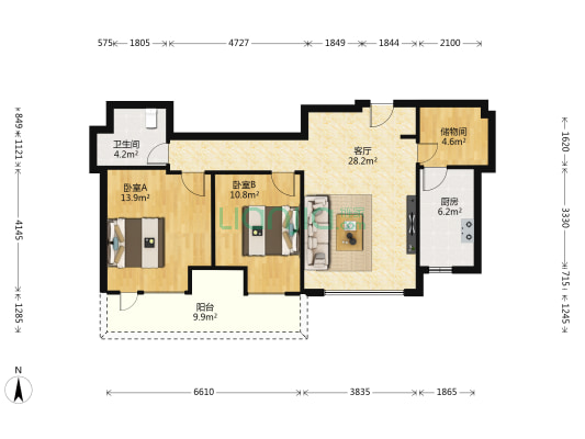 万科城九期 2室1厅1卫 102平方