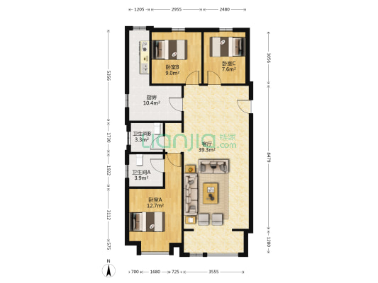 福泰花园 3室1厅2卫 109平方