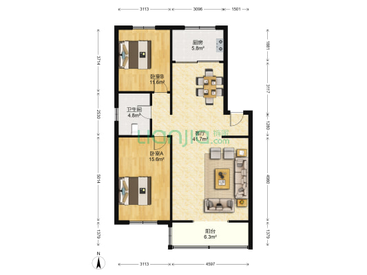 大连湾元宝山街小区 2室1厅1卫 105平方