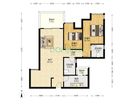 水岸公园 2室1厅2卫 102平方