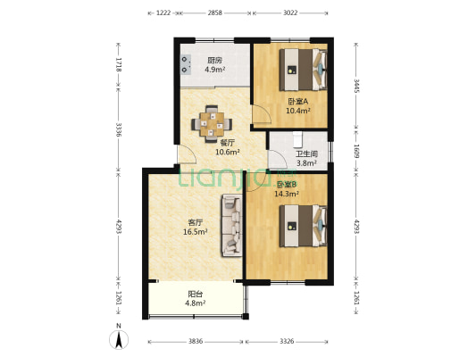 运河嘉苑 2室2厅1卫 83平方