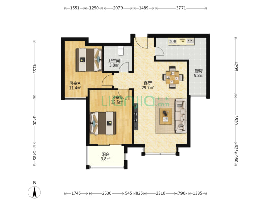 盛唐国际公馆 2室1厅1卫 95平方