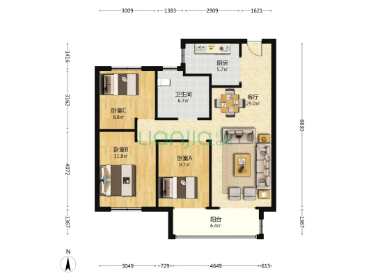 雍锦府 3室1厅1卫 108平方