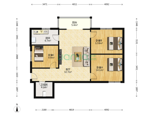 都市桂苑 3室1厅1卫 117平方