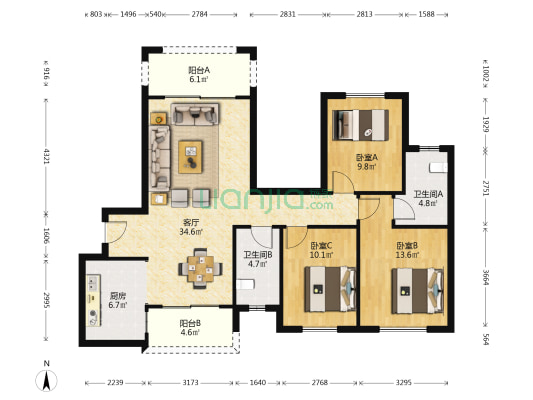 彰泰郡 3室1厅2卫 114平方