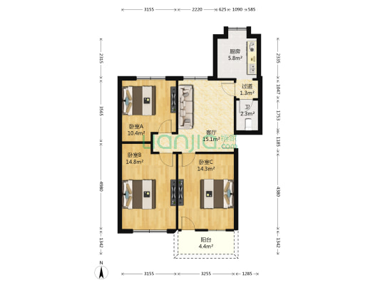 江大南路97号楼 3室1厅1卫 85平方
