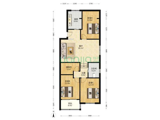 宏盛公寓社区 3室1厅1卫 105平方