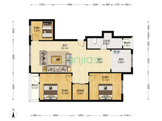 本钢新城佳园 3室2厅1卫 119平方