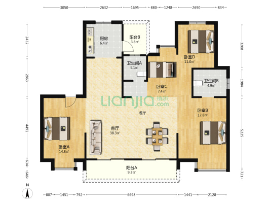 保利罗兰春天 4室1厅2卫 140平方