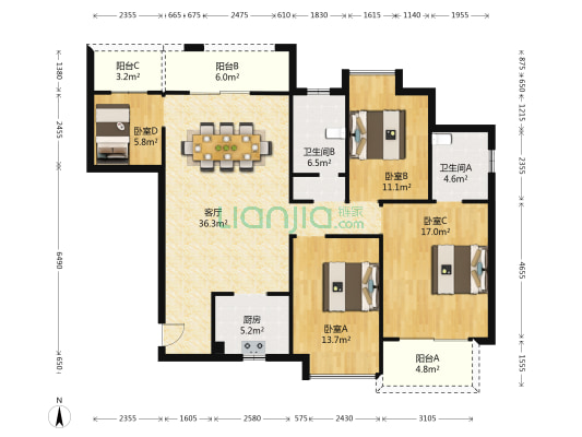 广城嘉园 4室1厅2卫 135平方