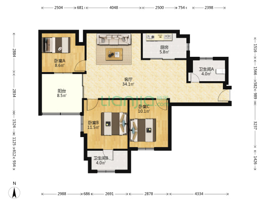 润泰大厦 3室1厅2卫 110平方
