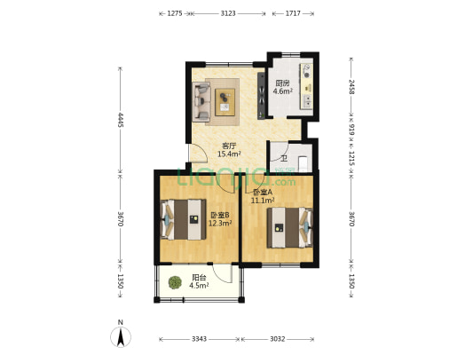 南宁市邕州饭店住宅区 2室1厅1卫 53平方