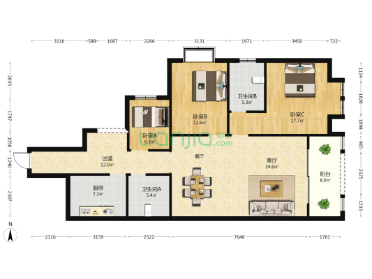 别样幸福城5号地块佳境苑 3室1厅2卫 120平方