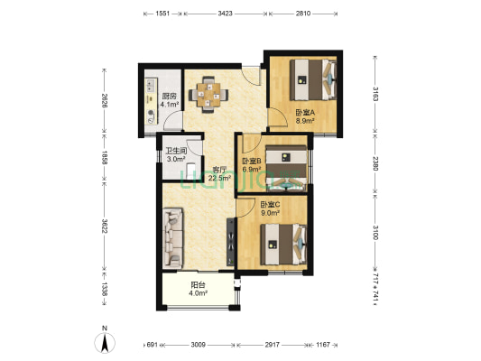 方兴北园 3室1厅1卫 84平方