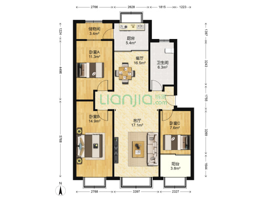 柳泉璞苑 3室2厅1卫 112平方