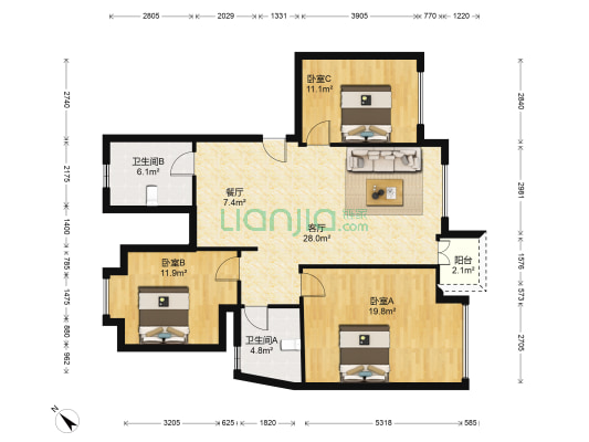 新世纪添一居 3室2厅2卫 112平方
